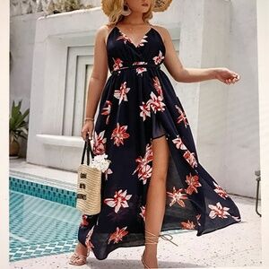 SIMPLEE PLUS 2X Maxi Dress Floral Lace-Up Backless Halter High Slit Navy EUC